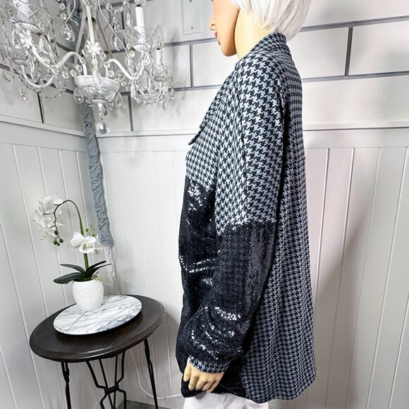 New Upscale Houndstooth and Black Sequin Fun Button up Shirt Runs big size L - Picture 6 of 9
